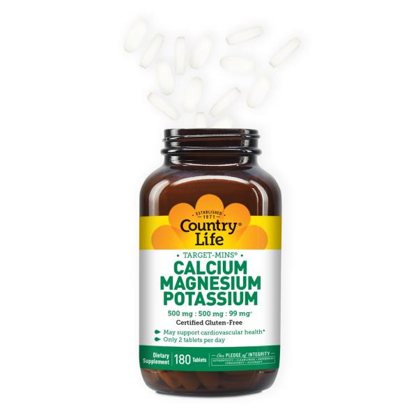 Country Life Target Mins - Calcium Magnesium Potassium Bone & Heart Health Supplement, 1000mg Calcium, 500mg Magnesium, Supports Calcium Utilization, 180 Tablets – Certified Gluten Free & Vegan