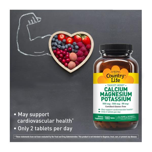 Country Life Target Mins - Calcium Magnesium Potassium Bone & Heart Health Supplement, 1000mg Calcium, 500mg Magnesium, Supports Calcium Utilization, 180 Tablets – Certified Gluten Free & Vegan