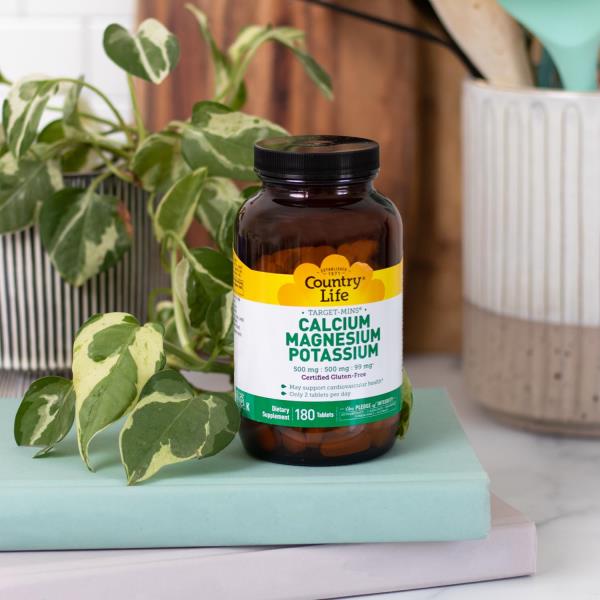 Country Life Target Mins - Calcium Magnesium Potassium Bone & Heart Health Supplement, 1000mg Calcium, 500mg Magnesium, Supports Calcium Utilization, 180 Tablets – Certified Gluten Free & Vegan