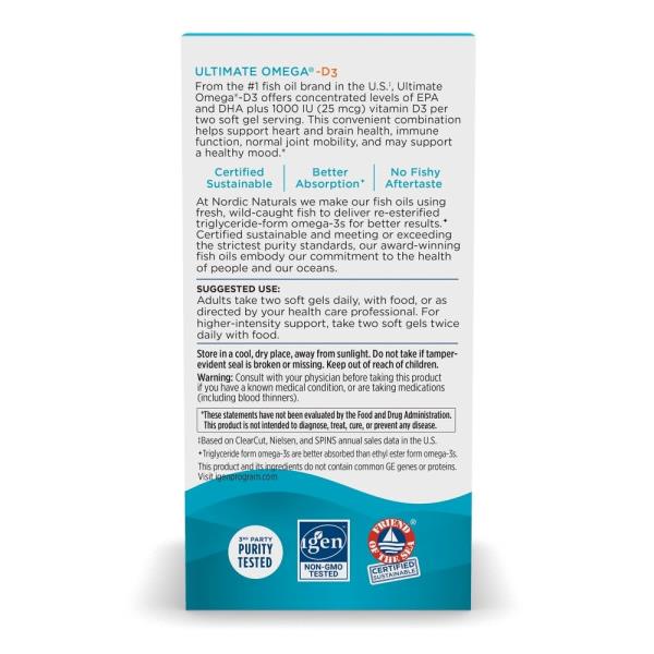 Nordic Naturals Ultimate Omega-D3, Lemon Flavor - 120 Soft Gels - 1280 mg Omega-3 + 1000 IU Vitamin D3 - EPA & DHA - Promotes Brain, Heart, & Immune Health - 60 Servings