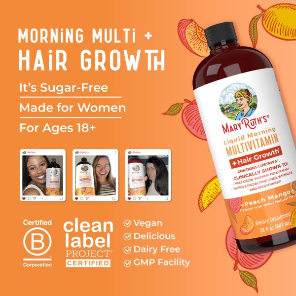 MaryRuth Organics Liquid Multivitamin + Hair Growth | Clinically Tested for Thicker Hair & Facial Wrinkle in Women | Biotin 10000mcg | Lustriva Hair Growth Supplement | Skin Care | Age 18+ | 30 Fl Oz