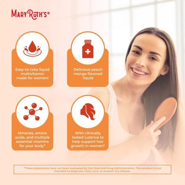 MaryRuth Organics Liquid Multivitamin + Hair Growth | Clinically Tested for Thicker Hair & Facial Wrinkle in Women | Biotin 10000mcg | Lustriva Hair Growth Supplement | Skin Care | Age 18+ | 30 Fl Oz