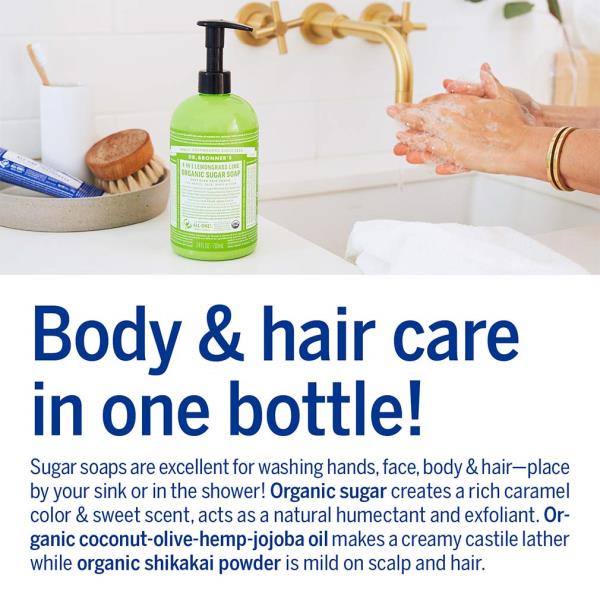 Dr. Bronner's - Organic Sugar Soap (Lemongrass, 12 Ounce) - Made with Organic Oils, Sugar and Shikakai Powder, 4-in-1 Use: Hands, Body, Face and Hair, Cleanses, Moisturizes and Nourishes, Vegan