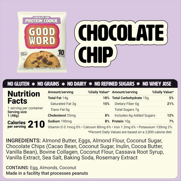 READ (30) Chocolate Chip Protein Cookie, Soft & Chewy, High Protein Snack, Gluten-Free, Grain-Free, Dairy-Free, No Seed Oils, No Refined Sugars, Made with Almond Butter & Collagen, 12-Pack