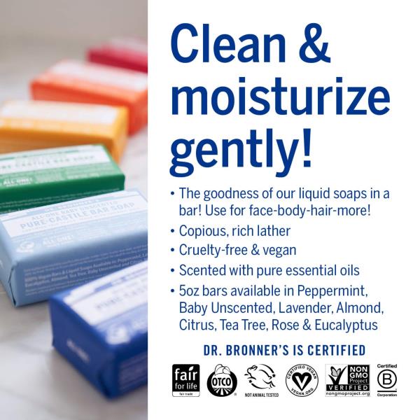 Dr. Bronner's - Pure-Castile Bar Soap (Eucalyptus, 5 ounce) - Made with Organic Oils, For Face, Body and Hair, Gentle and Moisturizing, Biodegradable, Vegan, Cruelty-free, Non-GMO