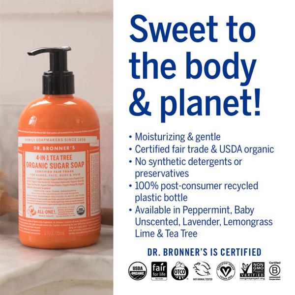 Dr. Bronner's - Organic Sugar Soap (Tea Tree, 12 Ounce) - Made with Organic Oils, Sugar and Shikakai Powder, 4-in-1 Uses: Hands, Body, Face and Hair, Cleanses, Moisturizes and Nourishes, Vegan