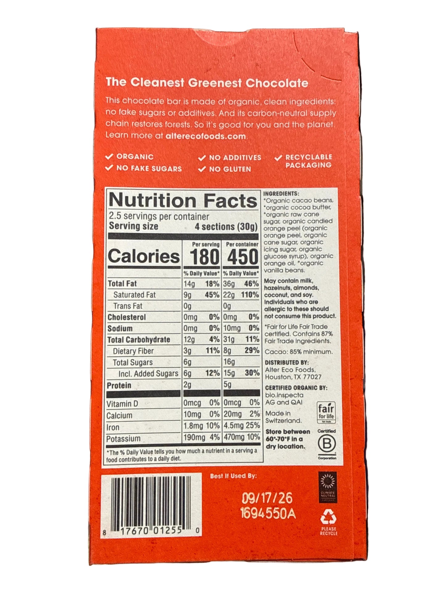 12x 9/26 Organic Dark Chocolate Bar, Orange Blackout, 85% Cacao, 2.65 oz (75 g)