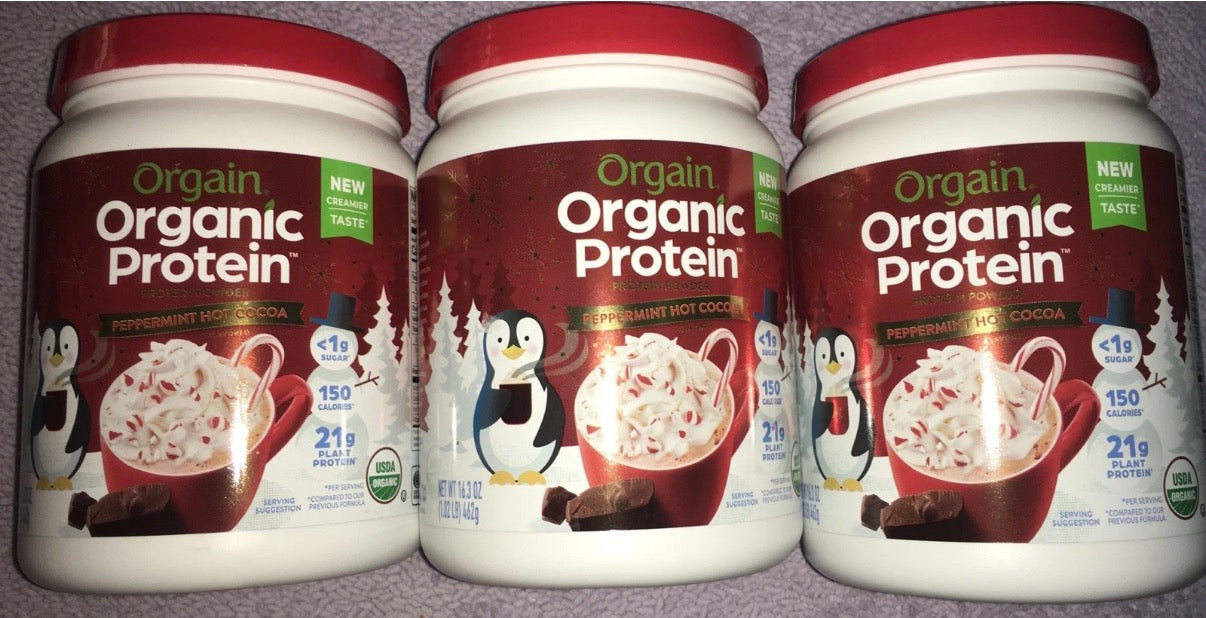 3 Orgain Organic Peppermint Hot Cocoa Vegan Protein Powder No Dairy 1.02 Lb Can