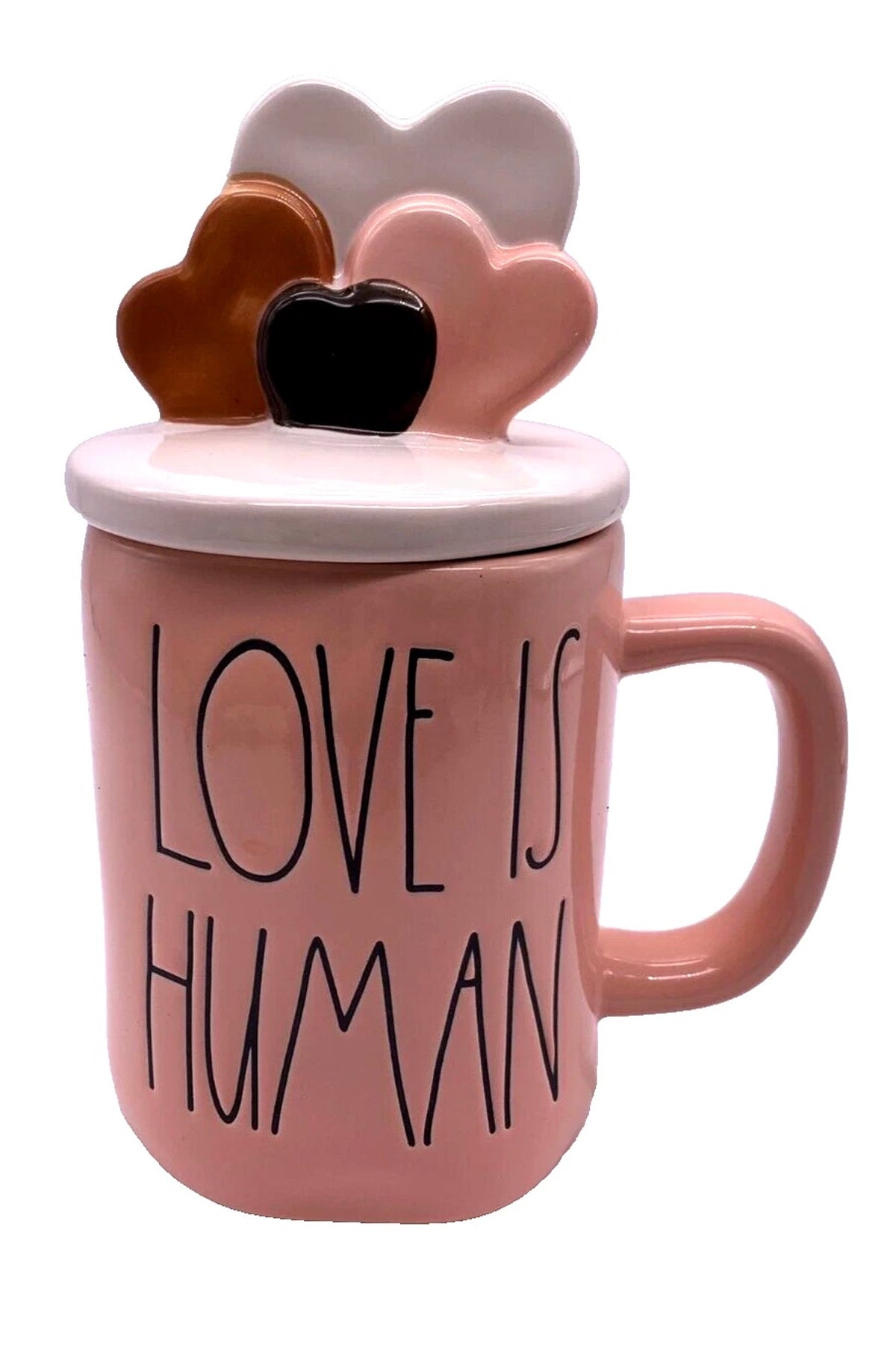 Rae Dunn Valentine's Day LOVE IS HUMAN mug - with HEARTS Topper - Ceramic 16 oz New