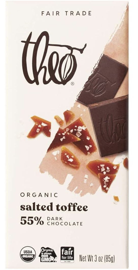 8/26 Theo Chocolate Salted Toffee Organic Dark Chocolate Bar, 55% Cacao, 12 Pack | Fair Trade