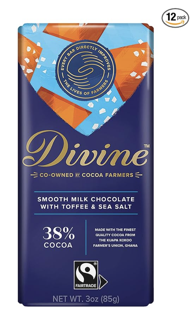 3/26 Divine Chocolate Bars - Milk Chocolate with Toffee & Sea Salt | 3oz. Bars (12 Pack)