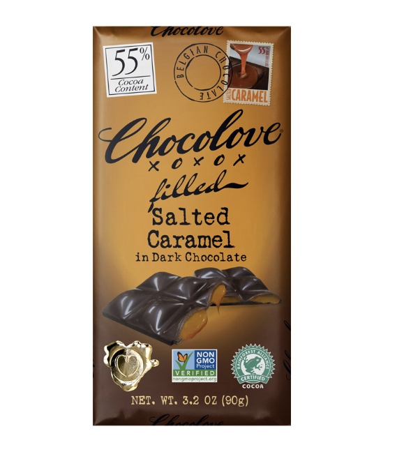 7/26 Chocolove Filled Bars-Salted Caramel in Dark Chocolate 3.2 oz (10 bars)
