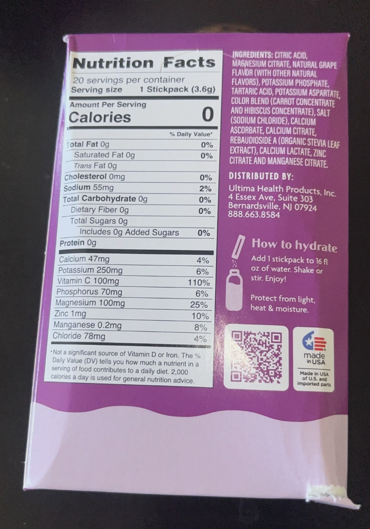 8/26 Ultima Replenisher Hydrating Electrolyte Powder, Grape, 20 Count Box
