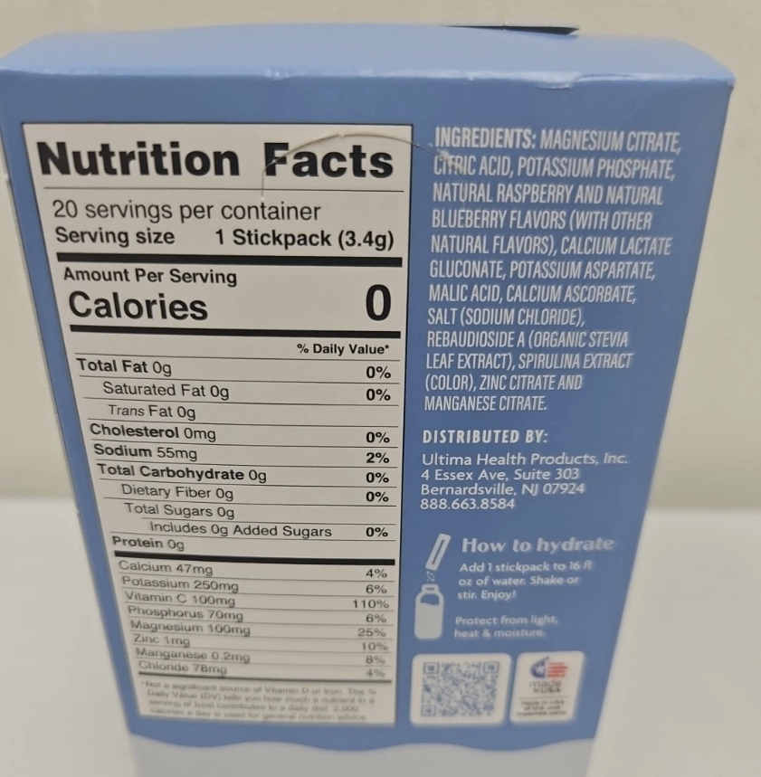 9/26 Ultima Replenisher Electrolyte Hydration Drink Mix, Blue Raspberry, 20 Serving Stickpack Box - Sugar Free, 0 Calories, 0 Carbs - Gluten-Free, Keto, Non-GMO, Vegan, with Magnesium, Potassium, Calcium (Copy)