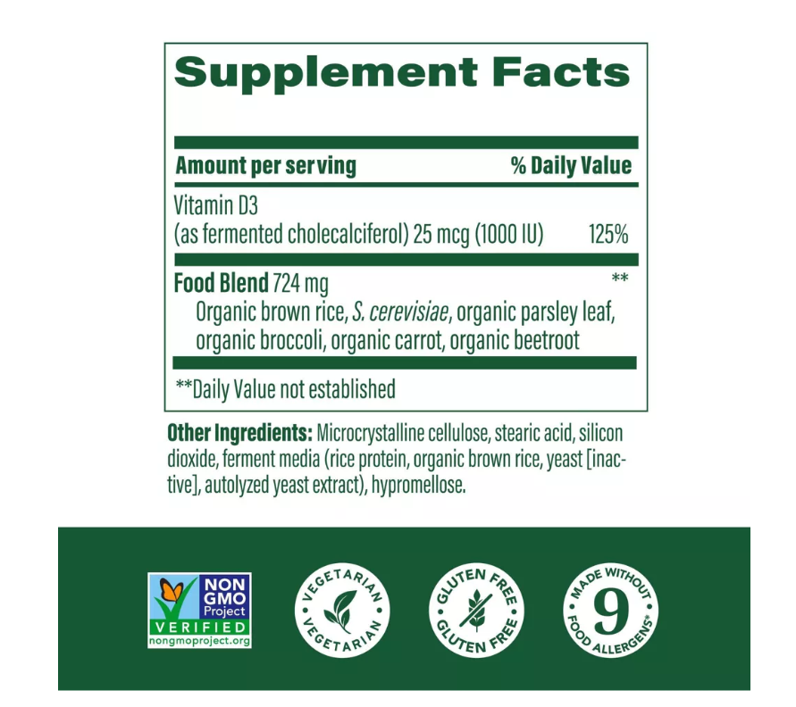 MegaFood Vitamin D3 1000 IU (25 mcg) - Vitamin D Supplements with Real Food, Immune Support, Supports Bones, Teeth & Muscles, Vegetarian, Gluten-Free, Non-GMO, Kosher – 60 Tablets, 60 Servings