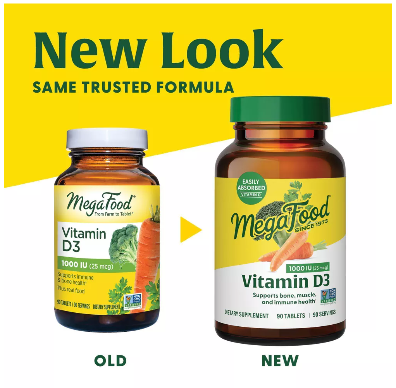 MegaFood Vitamin D3 1000 IU (25 mcg) - Vitamin D Supplements with Real Food, Immune Support, Supports Bones, Teeth & Muscles, Vegetarian, Gluten-Free, Non-GMO, Kosher – 60 Tablets, 60 Servings