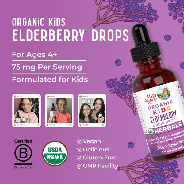 MaryRuth Organics USDA Organic Elderberry Liquid Drops for Kids | Vegan Elderberry Extract Organic Glycerin | Immune Support Supplement | Overall Health | Formulated for Ages 4-13 | 1oz