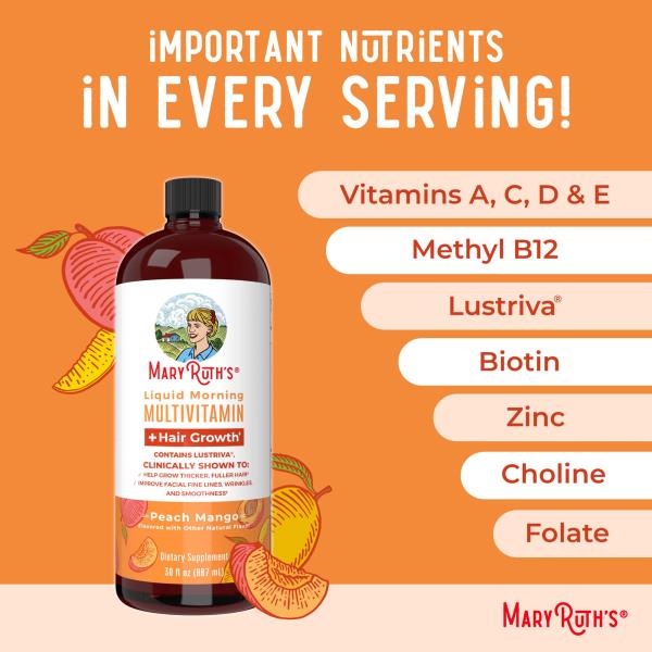 MaryRuth Organics Liquid Multivitamin + Hair Growth | Clinically Tested for Thicker Hair & Facial Wrinkle in Women | Biotin 10000mcg | Lustriva Hair Growth Supplement | Skin Care | Age 18+ | 30 Fl Oz