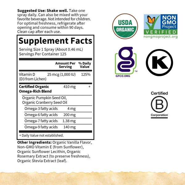 Garden of Life Organics Vegan Vitamin D3, Liquid 1000 IU Per Spray, D3 Plus Omegas - Vanilla Flavor - 125 Servings - 2fl oz Liquid Whole Food D3 Vitamin Supplement
