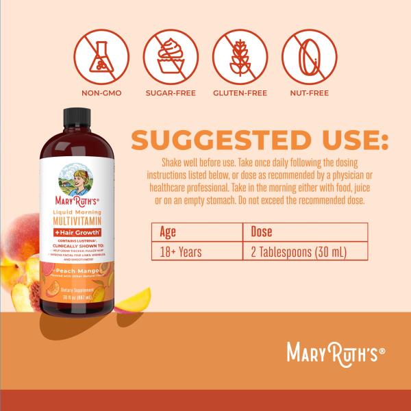 MaryRuth Organics Liquid Multivitamin + Hair Growth | Clinically Tested for Thicker Hair & Facial Wrinkle in Women | Biotin 10000mcg | Lustriva Hair Growth Supplement | Skin Care | Age 18+ | 30 Fl Oz