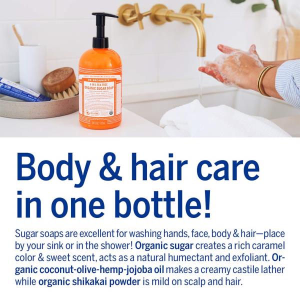 Dr. Bronner's - Organic Sugar Soap (Tea Tree, 12 Ounce) - Made with Organic Oils, Sugar and Shikakai Powder, 4-in-1 Uses: Hands, Body, Face and Hair, Cleanses, Moisturizes and Nourishes, Vegan