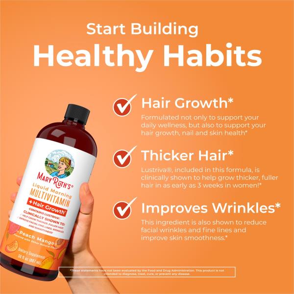 MaryRuth Organics Liquid Multivitamin + Hair Growth | Clinically Tested for Thicker Hair & Facial Wrinkle in Women | Biotin 10000mcg | Lustriva Hair Growth Supplement | Skin Care | Age 18+ | 30 Fl Oz