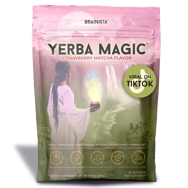 Brainista Yerba Mate Instant Tea Powder, 3-in-1 Super Drink - Clean Energy, Brain Fog Buster, and Gut Health Powered by Nootropics, Prebiotics and Probiotics | Yerba Magic Strawberry Matcha 30 Servings