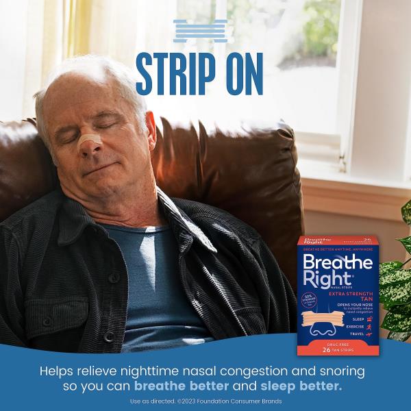 Breathe Right Nasal Strips, Extra Strength, Tan Nasal Strips, Help Stop Snoring, Drug-Free Snoring Solution & Instant Nasal Congestion Relief Caused by Colds & Allergies, 26 Count (Packaging May Vary)