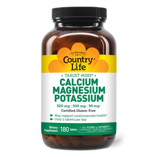 Country Life Target Mins - Calcium Magnesium Potassium Bone & Heart Health Supplement, 1000mg Calcium, 500mg Magnesium, Supports Calcium Utilization, 180 Tablets – Certified Gluten Free & Vegan