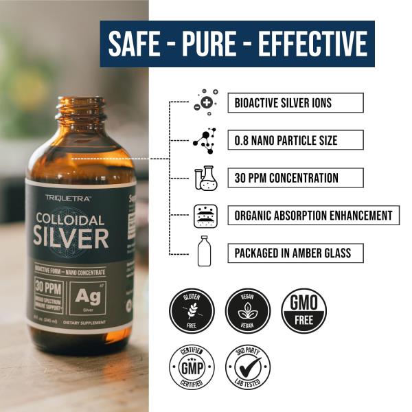 Bioactive Colloidal Silver - 8 oz, Glass Bottle, Vegan, Safe Doses with Highest Effectiveness - Nano Ions, 30 PPM - Immune Support (48 Servings)