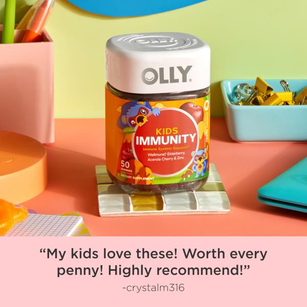 (3 Pack) OLLY Kids Immunity Gummy, Immune Support, Wellmune, Elderberry, Vitamin C, Zinc, Chewable Supplement, Cherry - 50 Count