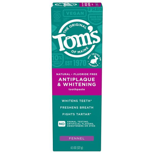 (6 tubes) Tom’s of Maine Antiplaque and Whitening Toothpaste, Fluoride Free, Fennel, Single, 4.5 Oz