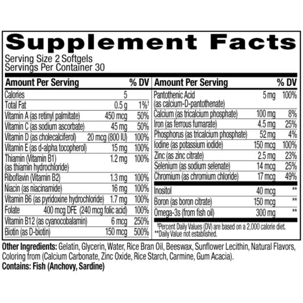 OLLY Ultra Women's Multi Softgels, Overall Health and Immune Support, Omega-3s, Iron, Vitamins A, D, C, E, B12, Daily Multivitamin, 30 Day Supply - 60 Count