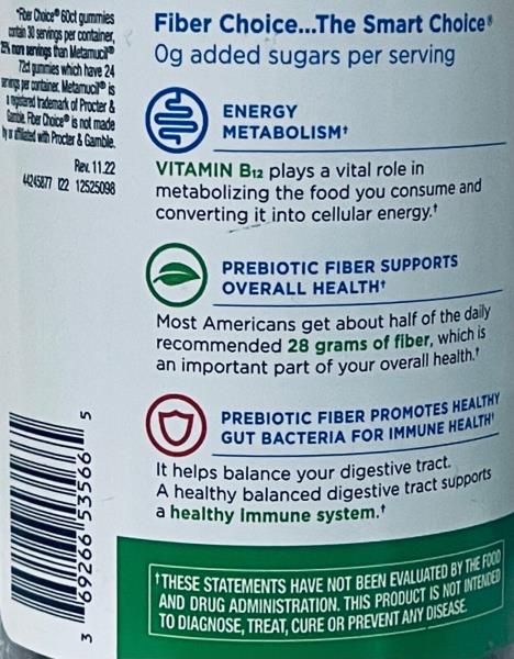 3x Fiber Choice Prebiotic 5g Fiber Supplement Energy B12 Metabolism 180 Gummies