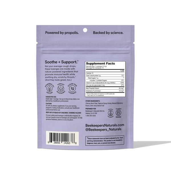Beekeeper's Naturals Soothing Honey Elderberry Cough Drops Immune Support with Vitamin D, Zinc and Propolis Throat Soothing Lozenges, 14 Ct