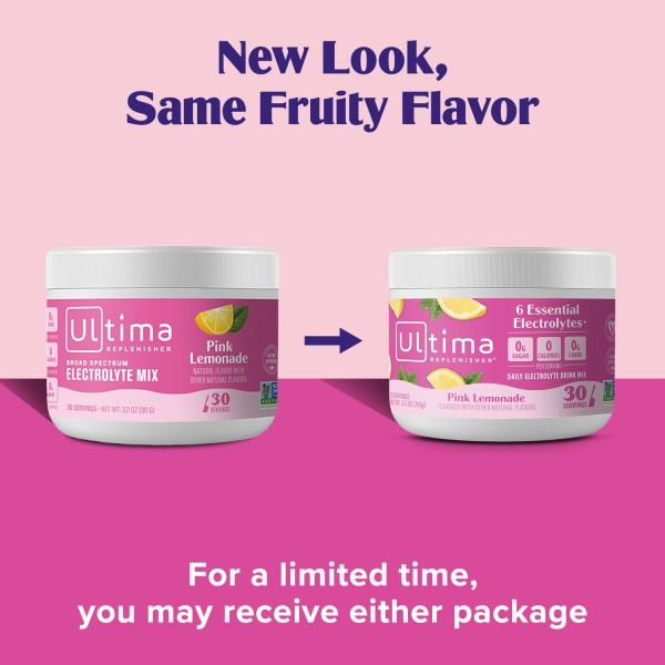 Ultima Replenisher Daily Electrolyte Powder Drink Mix – Sugar Free – Pink Lemonade, 30 Serving – Hydration Powder with 6 Key Electrolytes and Trace Minerals – Keto Friendly, Vegan, Non-GMO