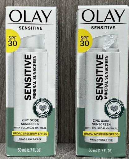 (2) Olay Sensitive Mineral Sunscreen - SPF 30, Broad Spectrum, Fragrance-Free, Zinc Oxide, Colloidal Oatmeal, 1.7 fl oz