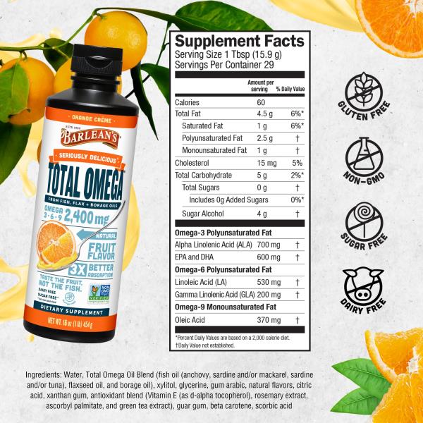 Barlean's Total Omega 3 6 9 Liquid Fish Oil Supplement with Borage and Flaxseed Oil, Orange Crème, 2,400 mg of EPA, DHA and GLA Fatty Acids, 16 oz
