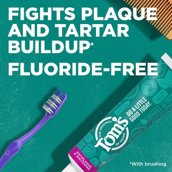 (6 tubes) Tom's of Maine Fluoride-Free Antiplaque & Whitening Natural Toothpaste, Spearmint, 5.5 oz.