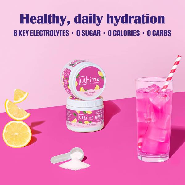 Ultima Replenisher Daily Electrolyte Powder Drink Mix – Sugar Free – Pink Lemonade, 30 Serving – Hydration Powder with 6 Key Electrolytes and Trace Minerals – Keto Friendly, Vegan, Non-GMO