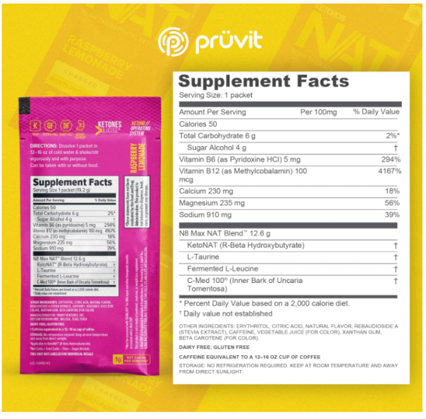 Pruvit KETO//OS NAT Pure Therapeutic Ketones - Raspberry Lemonade, Charged, Multi-Patented, No Artificial Flavors or Sweeteners, DNA Repair, Dietary Supplement with Caffeine, Pink/Magenta