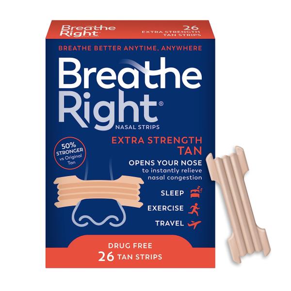 Breathe Right Nasal Strips, Extra Strength, Tan Nasal Strips, Help Stop Snoring, Drug-Free Snoring Solution & Instant Nasal Congestion Relief Caused by Colds & Allergies, 26 Count (Packaging May Vary)