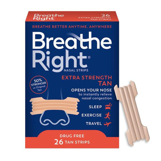 Breathe Right Nasal Strips, Extra Strength, Tan Nasal Strips, Help Stop Snoring, Drug-Free Snoring Solution & Instant Nasal Congestion Relief Caused by Colds & Allergies, 26 Count (Packaging May Vary)