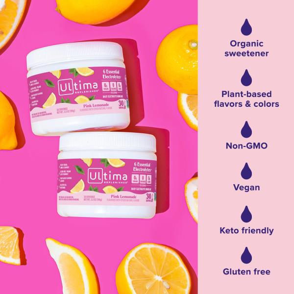 Ultima Replenisher Daily Electrolyte Powder Drink Mix – Sugar Free – Pink Lemonade, 30 Serving – Hydration Powder with 6 Key Electrolytes and Trace Minerals – Keto Friendly, Vegan, Non-GMO