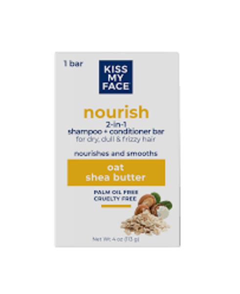 Kiss My Face Nourish - 2-in-1 Shampoo + Conditioner Bar, Oat Shea Butter, Palm Oil Free, Cruelty-Free