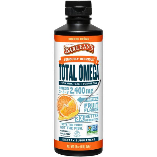 Barlean's Total Omega 3 6 9 Liquid Fish Oil Supplement with Borage and Flaxseed Oil, Orange Crème, 2,400 mg of EPA, DHA and GLA Fatty Acids, 16 oz