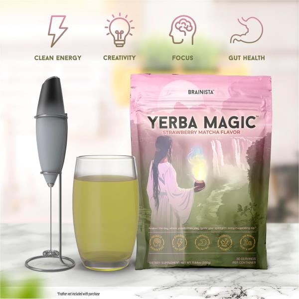 Brainista Yerba Mate Instant Tea Powder, 3-in-1 Super Drink - Clean Energy, Brain Fog Buster, and Gut Health Powered by Nootropics, Prebiotics and Probiotics | Yerba Magic Strawberry Matcha 30 Servings
