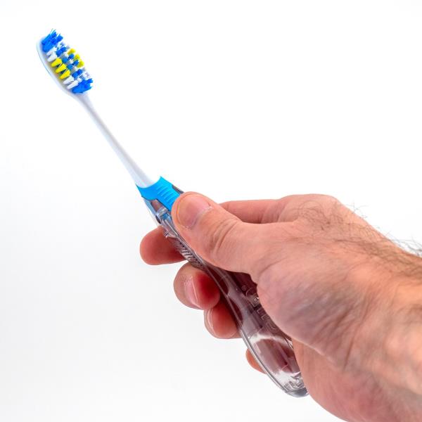 6 GUM Folding Travel Toothbrush, Compact Head + Tongue Cleaner, Soft Bristled Travel Toothbrushes for Adults, 2ct (Colors may vary)