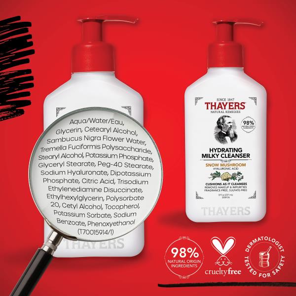THAYERS Milky Hydrating Face Cleanser with Snow Mushroom, Hyaluronic Acid, Dermatologist Recommended Gentle Facial Wash, Hydrating Skincare for Dry, Sensitive Skin, Paraben Free, 8 FL Oz, Clear