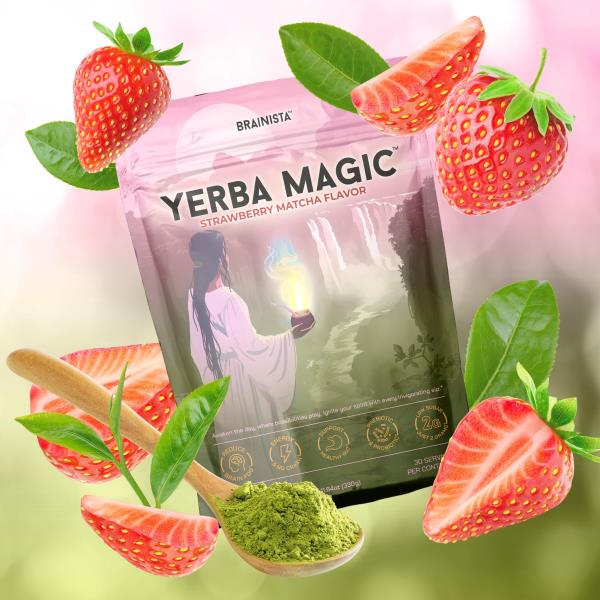 Brainista Yerba Mate Instant Tea Powder, 3-in-1 Super Drink - Clean Energy, Brain Fog Buster, and Gut Health Powered by Nootropics, Prebiotics and Probiotics | Yerba Magic Strawberry Matcha 30 Servings